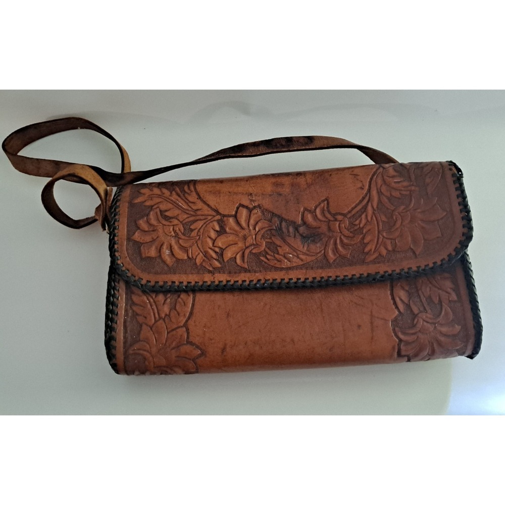 Vintage Hand Tooled Leather Purse handbag Floral Southwestern Shoulder Bag
